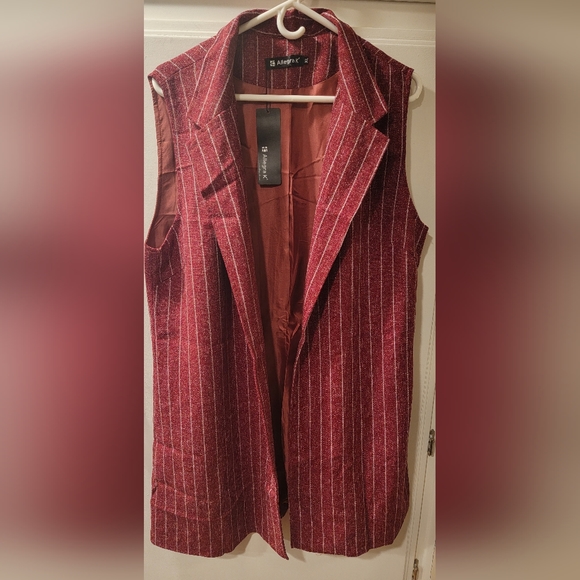 Allegra K Women Notched Lapel Open Front Textured Plaids Tunic Vest XL Red NWT! - Picture 1 of 13